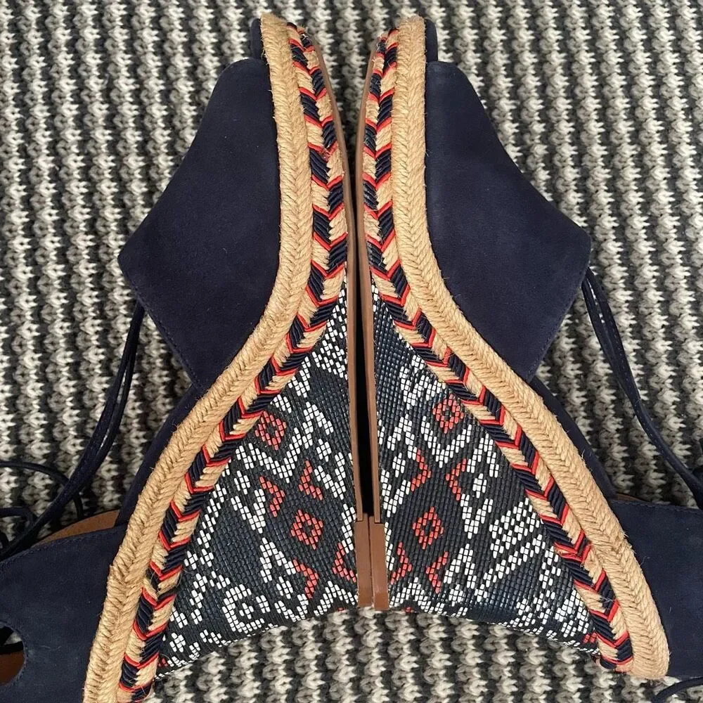 Cabi Isla wedge blue suede Aztec ankle tie up sandal women’s shoe size 9